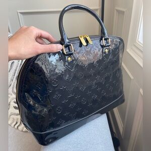 LV Black Patent Alma PM Large Satchel with Gold Hardware